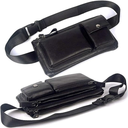 KPYWZER Vintage Leather Waist Bag Fanny Pack for Men Women Hip Bum Bag Belt Slim Cell Phone Purse Wallet Vintage Retro Crossbody Sling Pouch Black