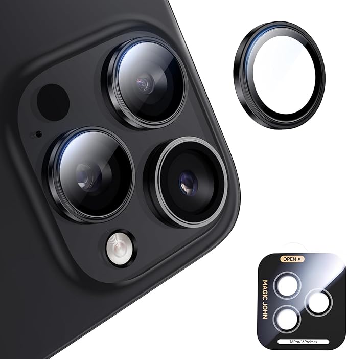 MAGIC JOHN for iPhone 16 Pro Max/16 Pro Camera Lens Protector [Alignment Kit&1:1 Invisible Perfect Fit] 9H Aerospace Tempered Glass Anti-Scratch Durable, Individual Cover Ring, Case Friendly, Set of 2,Black