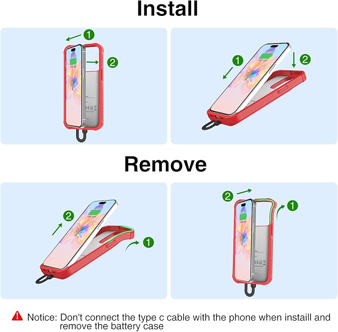GIN FOXI Battery Case for iPhone 15/15 Pro, Rechargeable Charing Cases 7000mAh Portable Juice Box Fast Charger Cover Battery Pack for iPhone 15/15 Pro Built-in Cable, Red (6.1”)