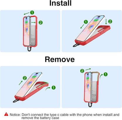 GIN FOXI Battery Case for iPhone 15/15 Pro, Rechargeable Charing Cases 7000mAh Portable Juice Box Fast Charger Cover Battery Pack for iPhone 15/15 Pro Built-in Cable, Red (6.1”)