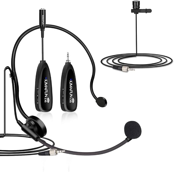 KIMAFUN Wireless Microphone System, 2.4G Wireless Headset and Lavalier Lapel Microphones for iPhone, Android Phone, Laptop and Speaker, Designed for Teaching, Recording, Vlog, Broadcast, G102-3