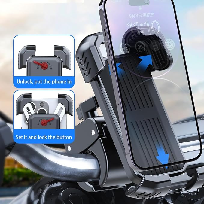 Motorcycle Phone Mount, Bike Phone Holder Handlebar for iPhone Samsung Android 4-7" Smartphones, Cell Phone Clamp, E-Bike Scooter Golf Cart Accessories kit