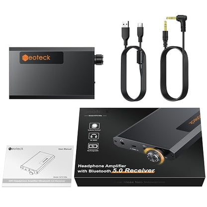 Neoteck Portable 3.5mm Headphone Amplifier with Bluetooth 5.0 Receiver, Two-Stage Gain Switch, 16-300 Ohm HiFi Earphone Amp, Aluminum Matte Surface