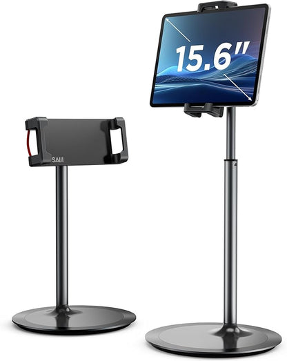SAIJI Tablet Stand Holder, Extra-Height Adjustable Kindle Stand, 360 Degree Rotating iPad Holder, Aluminum Alloy Cradle Mount Dock for 4.7"-15.6" iPhone, Samsung, Tablets, Portable Monitor (Black)