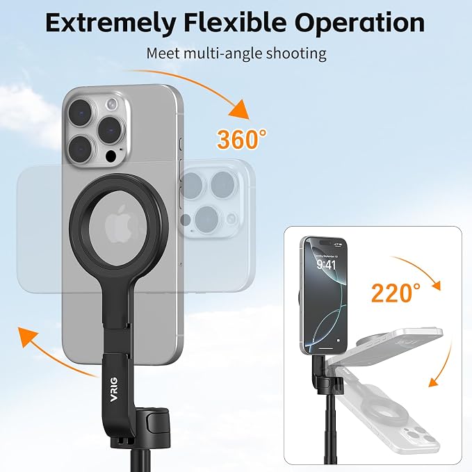 VRIG Magnetic Selfie Stick Tripod for iPhone with Cold Shoe,360 Rotatable Extendable Travel Phone Stand for Video Recording/Vlogging,Strong Holder with Metal Ring for iPhone 12-17/Android
