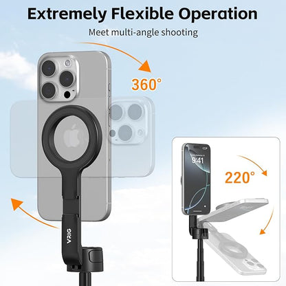 VRIG Magnetic Selfie Stick Tripod for iPhone with Cold Shoe,360 Rotatable Extendable Travel Phone Stand for Video Recording/Vlogging,Strong Holder with Metal Ring for iPhone 12-17/Android