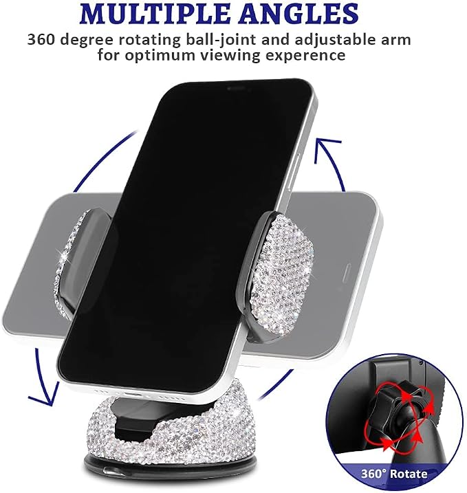 Dashboard Phone Holder Bling Phone Mount for Car,Car phone holder Mount with One More Air Vent Base,Phone Holder Car Accessories,Universal Car Phone Holder Mount for Windshield and Air Vent,Silver