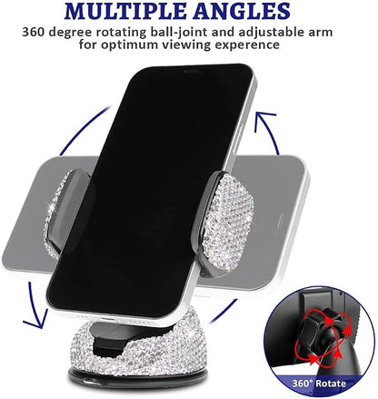 Dashboard Phone Holder Bling Phone Mount for Car,Car phone holder Mount with One More Air Vent Base,Phone Holder Car Accessories,Universal Car Phone Holder Mount for Windshield and Air Vent,Silver