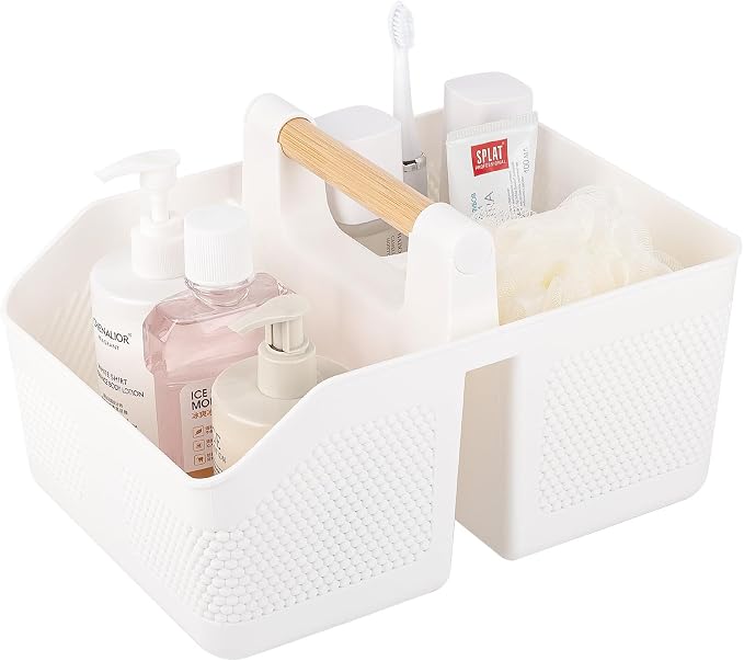 rejomiik Shower Caddy Portable with Bamboo Handle, Plastic Basket Cleaning Caddy Organizer Storage Tote for Bathroom, College, Dorm Room Essentials, White