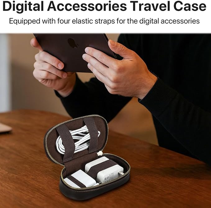 CONTACTS Full Grain Leather Electronics Organizer Small Cable Bag Handmade Tech Pouch Travel Organizer for Cable, Charger Cord