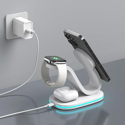 3 in 1 Charging Station for iPhone, Qi2 15W Charger Station Compatible Mag-Safe with iPhone 17 16e 16 15 14 13 12 11 X Pro Max & Apple Watch - Wireless Charging Station for AirPods (White 3 in 1)