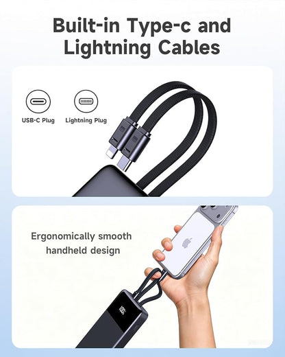 Portable Charger, 10000mAh Power Bank 22.5W PD, Built-in Cables for iPhone | Built-in Lightning & USB-C cables, 22.5W fast output, 18W input, charge 4 devices at once, compact design, 18-month warranty.