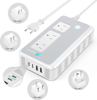 Voltage Converter US to Europe for Curling Iron and Hair Straighteners, PD 65W Fasting Charging Power Converter for European Travel Plug Adapter with Type C G A T for 200+ Countries (White)