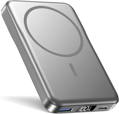 Aobbow Magnetic Portable Charger, 10000mAh MagSafe Battery Pack with LED Display, 20W USB-C Fast Charging Power Bank, Travel Essentials Wireless Charger for iPhone 17/16/15/14/13/12, Gray