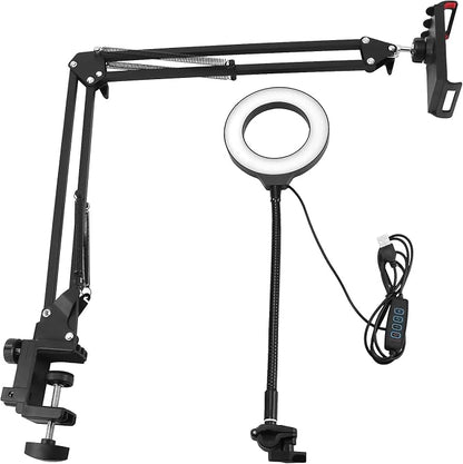 QWORK Overhead Camera Mount, Phone Mount with Ring Light, Flexible Articulating Phone Arm Stand, Phone Holder Stand, Phones Mount Clamp on Desk, for Live Stream, Video Recording and Online Teaching