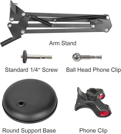 Spedal Desktop Webcam Stand with Weighted Round Base, Adjustable Scissor Arm Camera Mount with Phone Holder, 1/4" Thread MF920Pro, Smartphones, Overhead Recording & Live Streaming