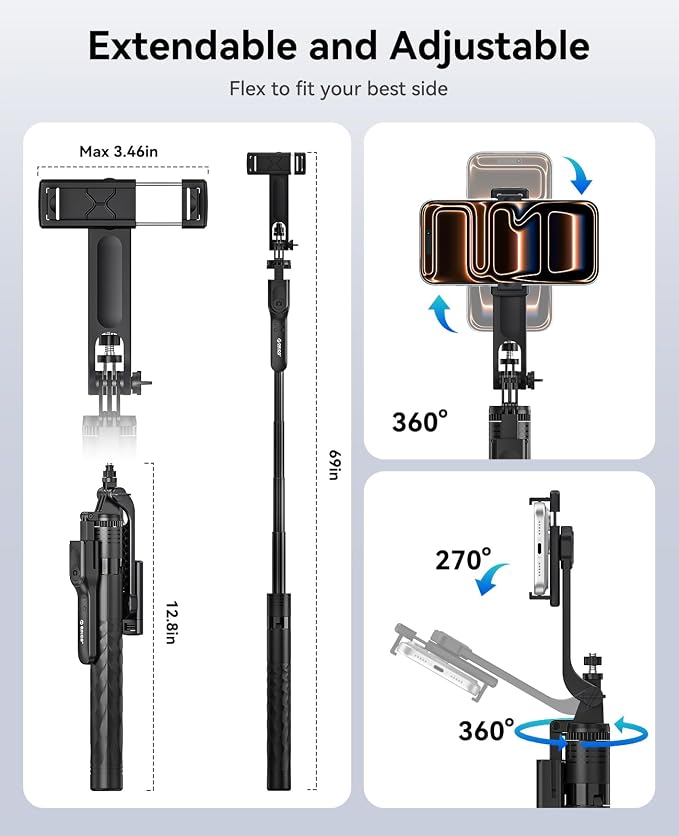 ORICO 69" Phone Tripod, Selfie Stick Tripod for iPhone with Wireless Remote Control, 360° Rotatable Phone Holder for Vlogging, Video Recording, Extendable Stand for Cell Phone Camera GoPro