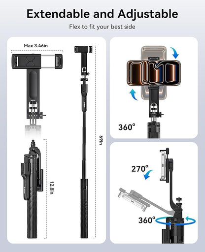 ORICO 69" Phone Tripod, Selfie Stick Tripod for iPhone with Wireless Remote Control, 360° Rotatable Phone Holder for Vlogging, Video Recording, Extendable Stand for Cell Phone Camera GoPro