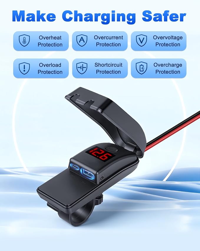 EXTRACTME Motorcycle Phone Charger, 36W Dual USB Type C PD 3.0 & QC 3.0 Motorcycle USB Charger with Voltmeter & ON/Off Switch, Waterproof Fast Charging SAE to USB Adapter for Phone, Tablet, GPS, etc