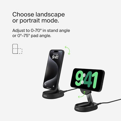 Belkin Convertible Magnetic Charging Stand 15W - MagSafe-Compatible Qi2-Certified Wireless Charging Station, iPhone Charger for Apple iPhone 16 Series, Airpods Pro, & More - Black (No PSU Included)
