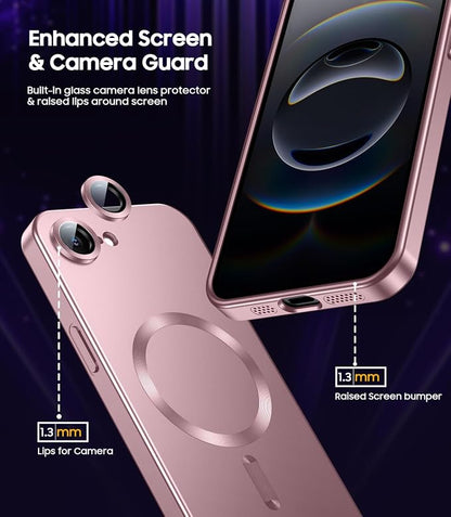Magnetic for iPhone 17e Case/iPhone 16e Case [Compatible with MagSafe][Built-in Camera Lens Protector] Slim Soft Silicone Bumper Shockproof Metallic Luster 17e Phone Case (Rose Gold)