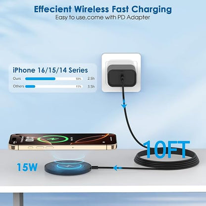 Magnetic Wireless Charger for iPhone 16, 2Pack 10FT 15W Fast Mag-Safe Charger, Wireless Charging Pad with USB C Fast Charging Block for iPhone 16 Pro Max/15/14/13/12/Plus/Pro/Pro Max,AirPods 3/2/Pro 2