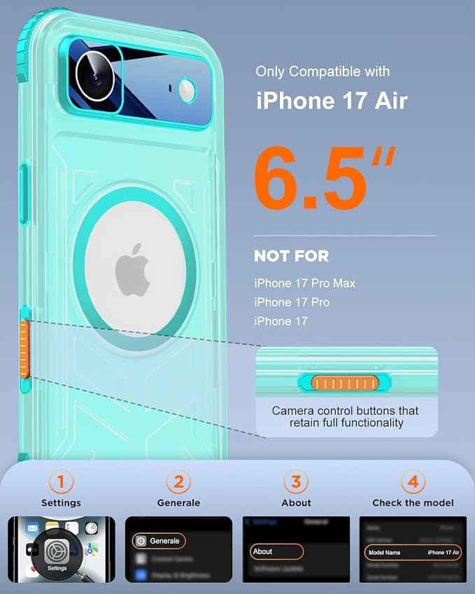 for iPhone Air Waterproof Case with Magsafe, Built-in [Camera & Screen Protector] [Lanyard], IP68 Water Proof Full Body Dustproof Heavy Duty Frosted Protective Phone Cover, 6.7" Teal