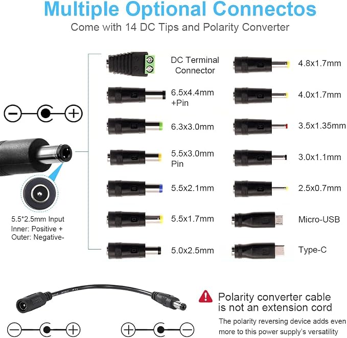 Universal Power Supply 3V~24V 6A 144W Adjustable Variable 3V 5V 9V 12V 18V 20V 24V AC/DC Adapter Charger, 100V-240V AC to DC Converter with 14 Tips, Polarity Converter and 4-Way Power Splitter Cable