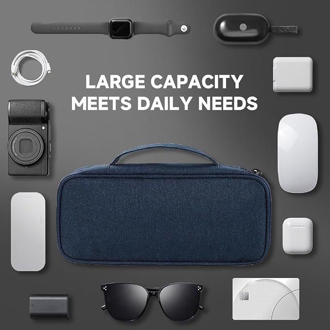 Teskyer Tech Organizer Pouch with Handle, Navy Blue | Water-Resistant Fabric, Adjustable Dividers, Multiple Compartments, Protective Lining, Travel and Office Use