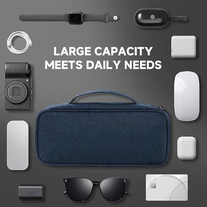Teskyer Tech Organizer Pouch with Handle, Navy Blue | Water-Resistant Fabric, Adjustable Dividers, Multiple Compartments, Protective Lining, Travel and Office Use