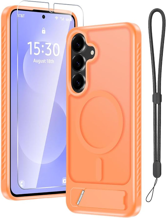 RMOCR for Samsung Galaxy S26+ Plus Case with Screen Protector+Lanyard Wrist Strap,Magnetic Translucent Matte Rugged Slim Phone Cover Built in Invisible Kickstand [Fit for MagSafe],2026 Orange