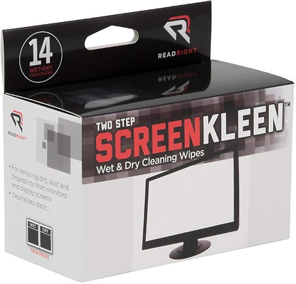 Read Right Two Step ScreenKleen Wet and Dry Cleaning Wipes, 5 x 5, Unscented, 14/Box