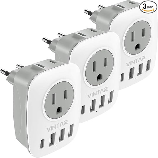 3 Pack European Travel Plug Adapter, VINTAR International Power Plug Adapter with 2 American Outlets, 1 USB C and 3 USB Ports, 6 in 1 Travel Essentials to France, German, Italy, Spain (Type C)