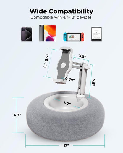 Viozon Tablet Stand Pillow, Compatible with 4.7"-13" Phone/Tablet, iPad, iPhone, Samsung, Google, Kindle, 360°Adjustable Phone Holder for Bed with Soft Plush Fabric, and Detachable Bowl, Grey