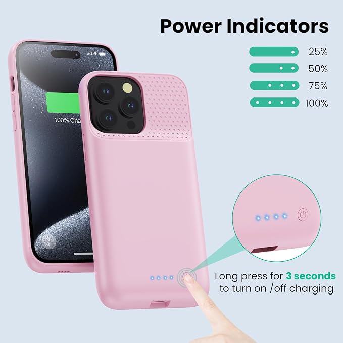 Battery Case for iPhone 15Pro Max, Upgrade 8600mah Portable Slim Battery Charging Case, 15W Fast Charging Rechargeable Protective Extended Charger Cover for iPhone 15 Pro Max (6.7 inch)-Pink