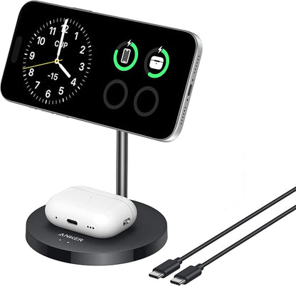 Anker MagSafe Compatible MagGo Charger Stand, iPhone 17 Wireless Charger, 2-in-1 Charging Station, Qi2 Certified 15W Fast Charging, for iPhone 17/16/15/14/13/12, AirPods Pro (Black, No Adapter)