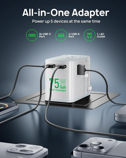 75W Travel Adapter, GaN Fast Charging European Power Universal Adapter with 5 Ports (1 AC, 1 USB-A, and 3 USB-C), Plug Adapter with Smart Chip for Over 200 Countries, PD&QC Charger, White