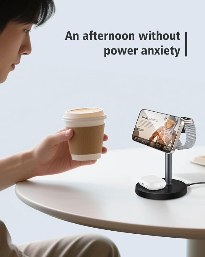 3 in 1 Magnetic Wireless Charging Station, 15W Fast Charger Stand for iPhone, Phone Charger Stand for Desk Nightstand, for iPhone 17/16/15/14/13/12, Apple Watch & AirPods, 18W Adapter Included -Black