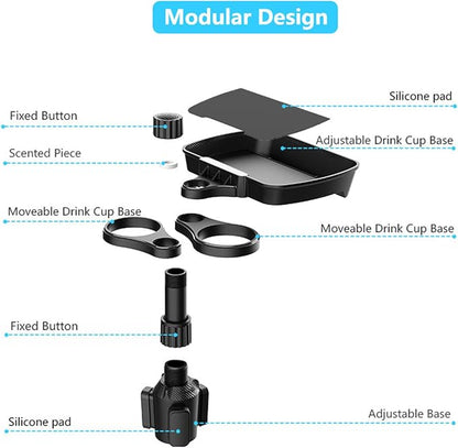 VBESTLIFE 4 in 1 Car Cup Holder Expander Tray, Car Cup Holder + Phone Mount + Food Tray Multifunctional Cup Holder Tray with 360° Rotation Base, for Truck RV Driver Road