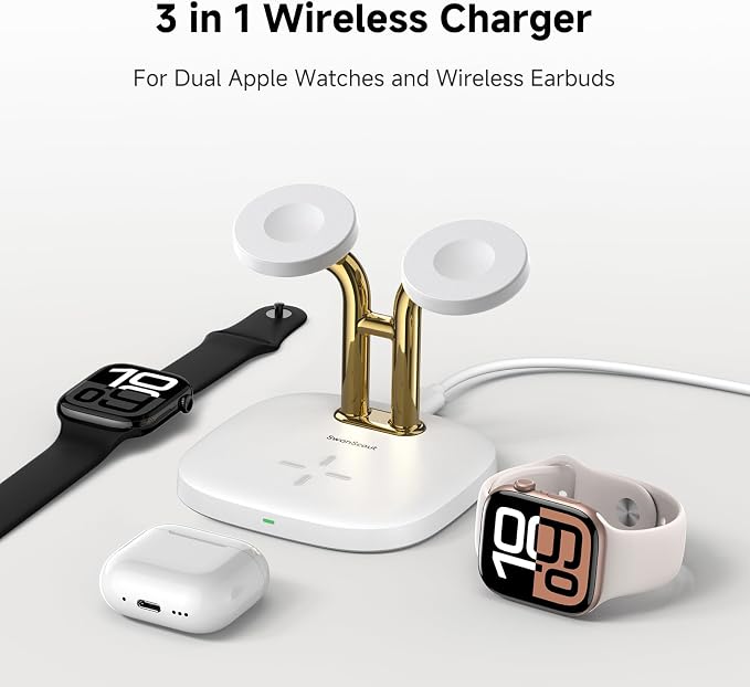 Dual Watch Charger with Fast Charging for Apple Watch, SwanScout 704A, 3-in-1 Wireless Charging Station Stand for Apple Watch Ultra 3/11/10, Wireless Charger Dock for AirPods Pro 3/4/3 (White & Gold)