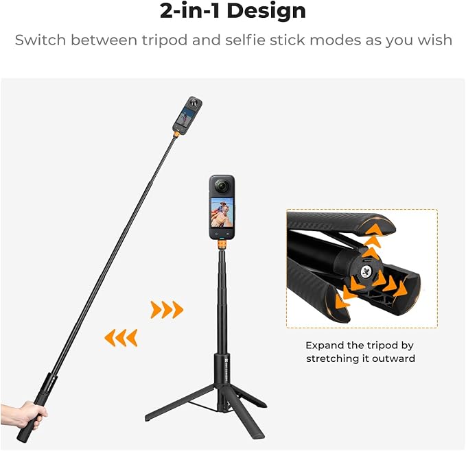 K&F CONCEPT Invisible Selfie Stick, Extension Long Pole（120cm/47.2in） Compatible with Insta360 X5/X4/X3 GoPro Hero 13/12/11 DJI OSMO 360 Pocket 3, 1/4" Extended Monopod with GoPro Adapter.
