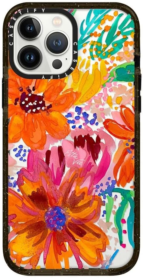 CASETiFY Impact iPhone 13 Pro Max Case [4X Military Grade Drop Tested / 8.2ft Drop Protection/Compatible with Magsafe] - EttaVee Watercolor Fleurs - Clear Black