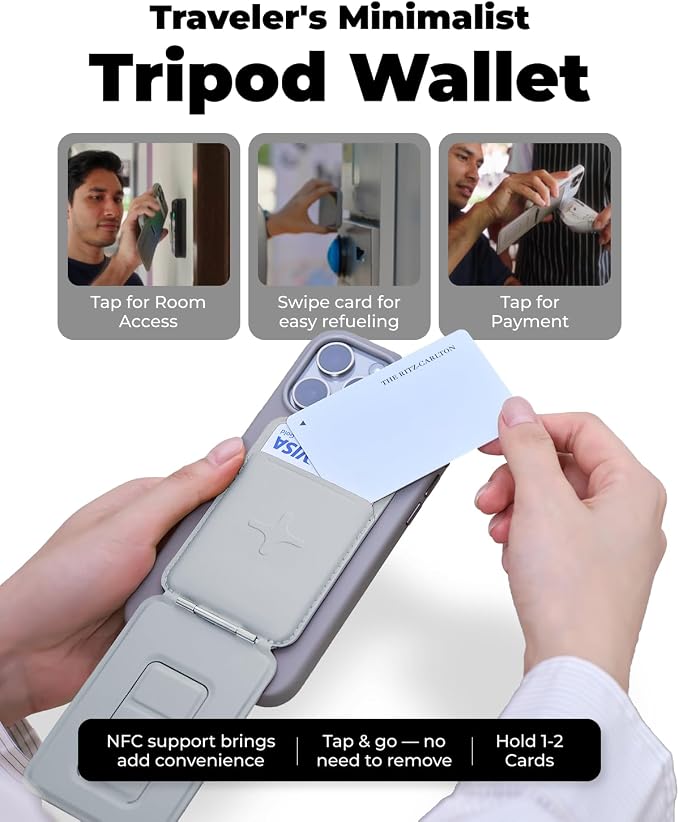 MOFT Phone Tripod Wallet x Tombogo for iPhone, Mulit-Angles, Lightweight & Portable Phone Stand, MOVAS Vegan Leather Phone Wallet, Strong Magnets, NFC Card Holder, Cement (with Card Slot)