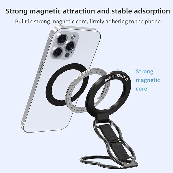 RESPECTED-BRO-Magnetic-Phone-Grip-Stand-with-Finger-Strap, 4-in-1 Magnetic Ring Holder, Kickstand and Elastic Strap for Phones, Universal Fit for iPhone 17/16/15/14/13/12, Android, and Cases (Black)