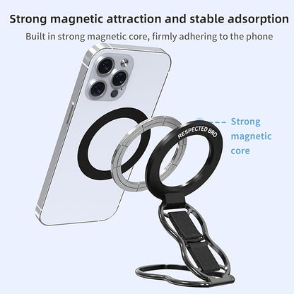 RESPECTED-BRO-Magnetic-Phone-Grip-Stand-with-Finger-Strap, 4-in-1 Magnetic Ring Holder, Kickstand and Elastic Strap for Phones, Universal Fit for iPhone 17/16/15/14/13/12, Android, and Cases (Black)