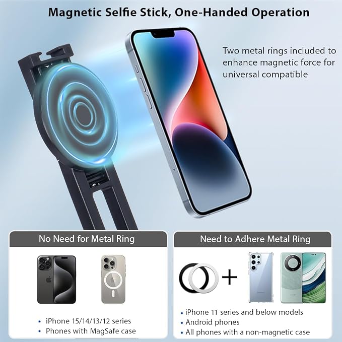 Koolehaoda 64" Magnetic Selfie Stick Phone Tripod with Wireless Remote, Compatible with MagSafe, Portable 5 in 1 Phone Tripod Fit for iPhone 15/14/13 Pro Max Gopro Android Camera & Tablet