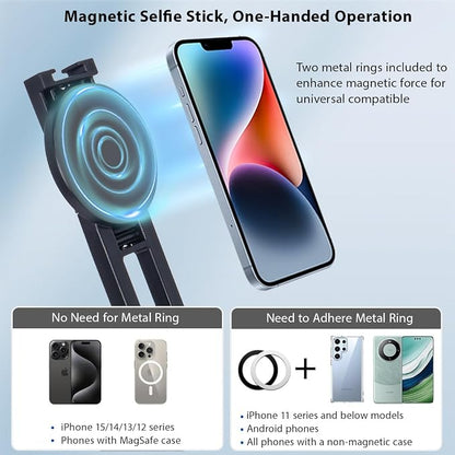 Koolehaoda 64" Magnetic Selfie Stick Phone Tripod with Wireless Remote, Compatible with MagSafe, Portable 5 in 1 Phone Tripod Fit for iPhone 15/14/13 Pro Max Gopro Android Camera & Tablet