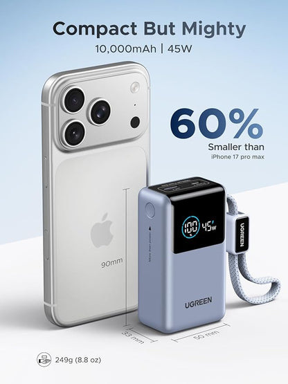 UGREEN Nexode Pro Power Bank 10,000mAh 45W, Compact Portable Charger, Built-in USB-C Cable, PD Super Fast Charging Battery Pack with Digital Display for iPhone 17/16 Pro Max Air/Galaxy S26 Ultra