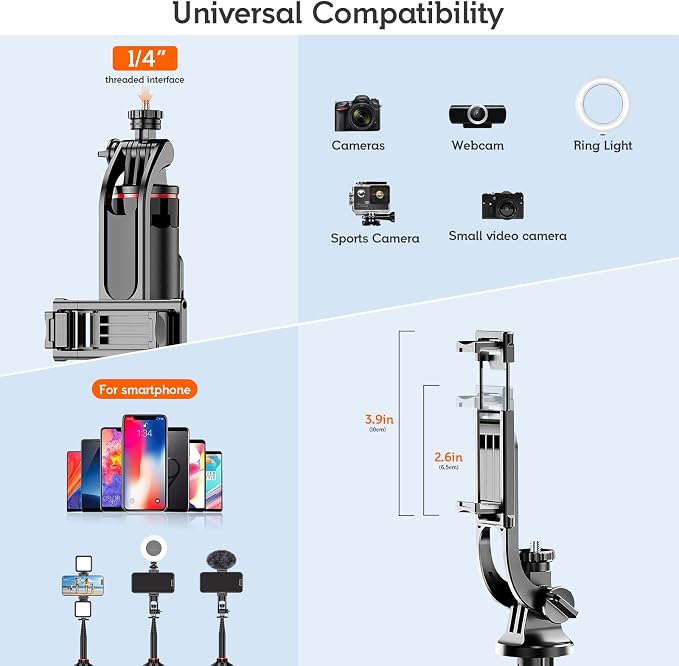 51" Cell Phone Selfie Stick Tripod, with Wireless Remote, Portable, Retractable, Aluminum Alloy, for iPhone, Samsung and Other Smartphones