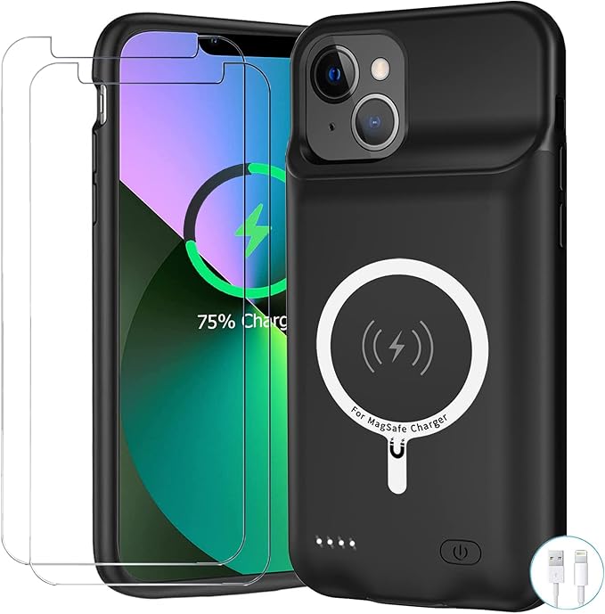 Battery Case for iPhone 13, Upgraded 10000mAh Battery Pack Rechargeable Charger Case Support Carplay with Wireless Charging Compatible for iPhone 13 (6.1 inch) External Battery Charging Case (Black)